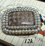 Antique Georgian Era Mourning Locket Brooch 12k Gold and 2 Rows Seed Pearls, Blond Hair Art