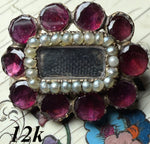 Antique 12k Gold and Seed Pearl, Garnet Gem Locket Brooch, Mourning  Pin Brunette Hair Art