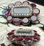 Antique 12k Gold and Seed Pearl, Garnet Gem Locket Brooch, Mourning  Pin Brunette Hair Art