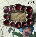 Antique 12k Gold and Seed Pearl, Garnet Gem Locket Brooch, Mourning  Pin Brunette Hair Art