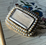 Antique Victorian Era Mourning Locket Brooch 12k Gold and 2 Rows Seed Pears, Blond Hair Art Engraved for Baby's Death