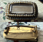 Antique Victorian Era Mourning Locket Brooch 12k Gold and 2 Rows Seed Pears, Blond Hair Art Engraved for Baby's Death