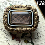 Antique Victorian Era 12k Gold and Enameled Mourning Pin, Brooch with Dark Blond Hair Art