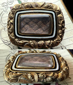 Antique Victorian Era 12k Gold and Enameled Mourning Pin, Brooch with Dark Blond Hair Art