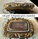 Antique Victorian Era 12k Gold and Enameled Mourning Pin, Brooch with Dark Blond Hair Art