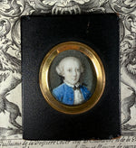 Tiny Antique French Portrait Miniature, Boy in Blue with Powdered Wig, c. 1750s