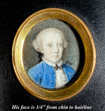Tiny Antique French Portrait Miniature, Boy in Blue with Powdered Wig, c. 1750s