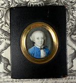 Tiny Antique French Portrait Miniature, Boy in Blue with Powdered Wig, c. 1750s