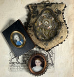 Tiny Antique French Portrait Miniature, Boy in Blue with Powdered Wig, c. 1750s