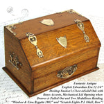 Antique Edwardian Era English Oak & Brass Cigar Chest, Mechanical & "1902 Regatta" Engravings