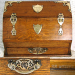 Antique Edwardian Era English Oak & Brass Cigar Chest, Mechanical & "1902 Regatta" Engravings