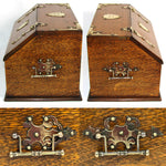 Antique Edwardian Era English Oak & Brass Cigar Chest, Mechanical & "1902 Regatta" Engravings