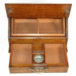 Antique Edwardian Era English Oak & Brass Cigar Chest, Mechanical & "1902 Regatta" Engravings