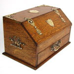 Antique Edwardian Era English Oak & Brass Cigar Chest, Mechanical & "1902 Regatta" Engravings
