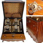 Rare Antique Georgian Era Mahogany Decanter Box, Unique Shape & Seashell Marquetry Inlay, 4 Decanters