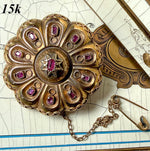 Large Victorian Era Mourning or Memento Brooch, 15k Gold with Rubies, Locket Back w Lock of Blond Hair