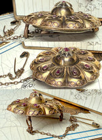 Large Victorian Era Mourning or Memento Brooch, 15k Gold with Rubies, Locket Back w Lock of Blond Hair