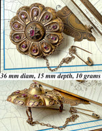 Large Victorian Era Mourning or Memento Brooch, 15k Gold with Rubies, Locket Back w Lock of Blond Hair