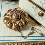 Large Victorian Era Mourning or Memento Brooch, 15k Gold with Rubies, Locket Back w Lock of Blond Hair