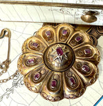 Large Victorian Era Mourning or Memento Brooch, 15k Gold with Rubies, Locket Back w Lock of Blond Hair