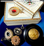 Large Victorian Era Mourning or Memento Brooch, 15k Gold with Rubies, Locket Back w Lock of Blond Hair