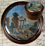 Antique French Burl Wood Snuff or Bonbon Box, Painting of Roman Ruins and People, Landscape