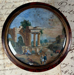 Antique French Burl Wood Snuff or Bonbon Box, Painting of Roman Ruins and People, Landscape