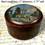 Antique French Burl Wood Snuff or Bonbon Box, Painting of Roman Ruins and People, Landscape