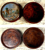 Antique French Burl Wood Snuff or Bonbon Box, Painting of Roman Ruins and People, Landscape