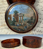 Antique French Burl Wood Snuff or Bonbon Box, Painting of Roman Ruins and People, Landscape