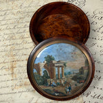 Antique French Burl Wood Snuff or Bonbon Box, Painting of Roman Ruins and People, Landscape
