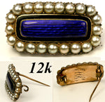 Antique English Victorian Mourning Pin, Brooch in 12k Gold with Seed Pearls and Deep Cobalt Kiln-fired Enamel