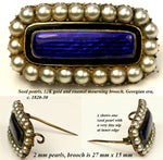 Antique English Victorian Mourning Pin, Brooch in 12k Gold with Seed Pearls and Deep Cobalt Kiln-fired Enamel
