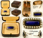 Antique English Victorian Mourning Pin, Brooch in 12k Gold with Seed Pearls and Deep Cobalt Kiln-fired Enamel