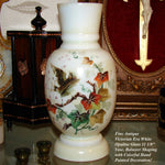 Antique Victorian Era White Opaline Glass 11" Vase, Colorful Hand Painted Bird & Foliage