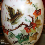 Antique Victorian Era White Opaline Glass 11" Vase, Colorful Hand Painted Bird & Foliage