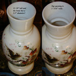 Antique Victorian Era White Opaline Glass 11" Vase, Colorful Hand Painted Bird & Foliage