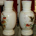 Antique Victorian Era White Opaline Glass 11" Vase, Colorful Hand Painted Bird & Foliage