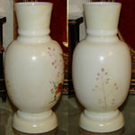 Antique Victorian Era White Opaline Glass 11" Vase, Colorful Hand Painted Bird & Foliage