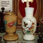 Antique Victorian Era White Opaline Glass 11" Vase, Colorful Hand Painted Bird & Foliage