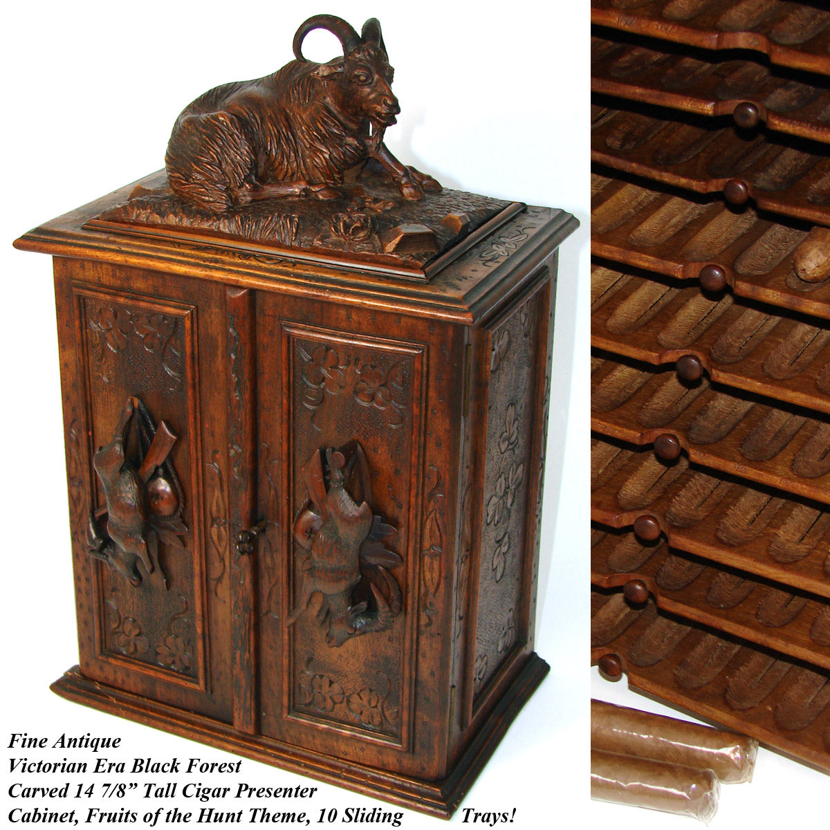 Lg Antique Victorian Black Forest Fruits of the Hunt 15" Cabinet, Cigar Presenter (not humidor)
