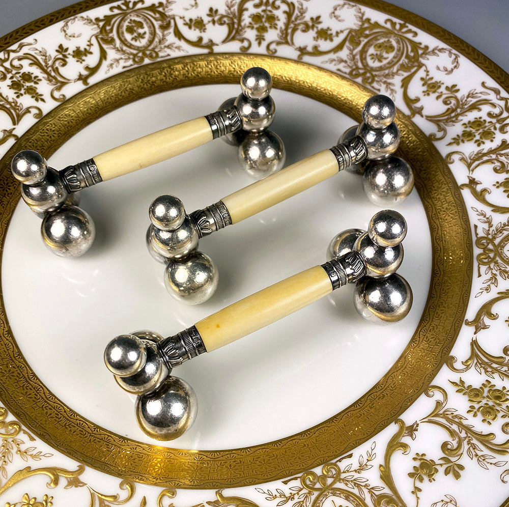 Stunning Group of 3 Opulent Antique English Knife Rests, 1897 British Sterling and Ivory