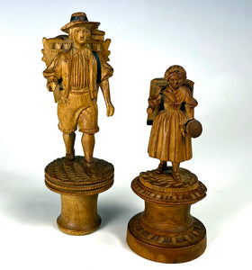 2 Rare Tiny Antique Swiss Black Forest Hand Carved Figures are Sewing Thread Spools