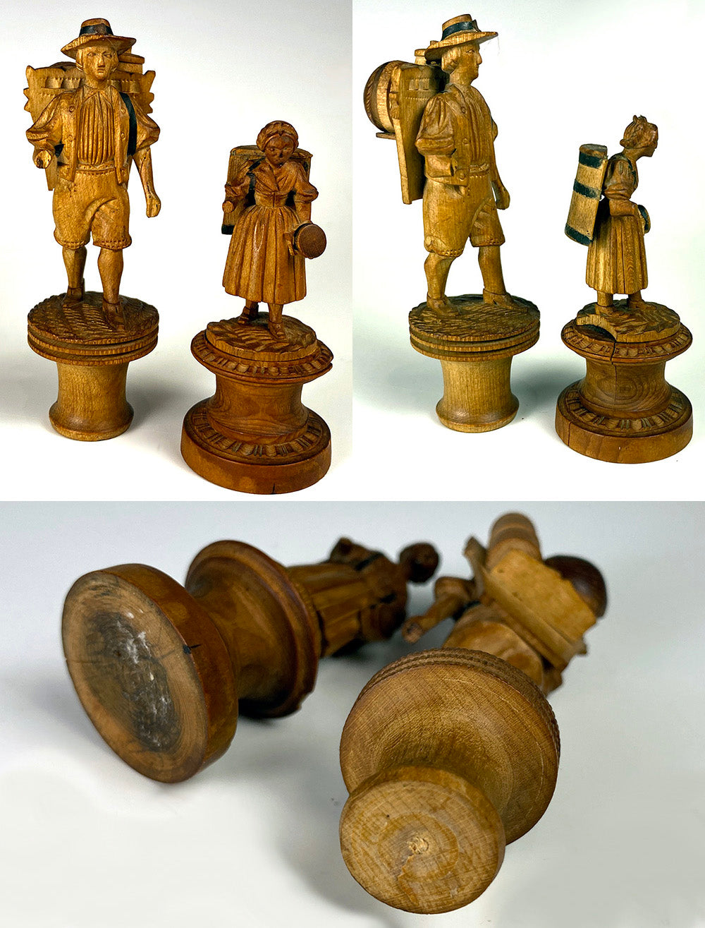 2 Rare Tiny Antique Swiss Black Forest Hand Carved Figures are Sewing Thread Spools
