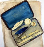 Antique Edwardian Era c. 1900 Manicure Set, Etui, in Leather with Ivory Tools, Ear Wax Spoon