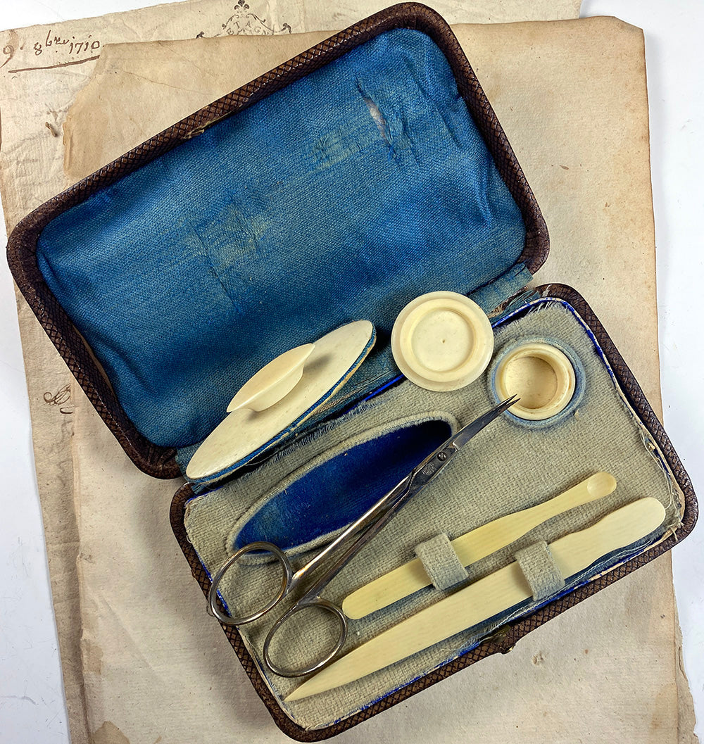 Antique Edwardian Era c. 1900 Manicure Set, Etui, in Leather with Ivory Tools, Ear Wax Spoon