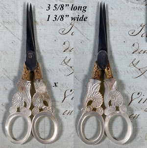 Antique Pair of French Palais Royal Carved Mother of Pearl and 18k Sewing Scissors, c.1810