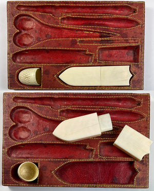 Antique Early to Mid-1800s French Sewing Box, Ivory Scabbard Thimble, Needle Case, Etui