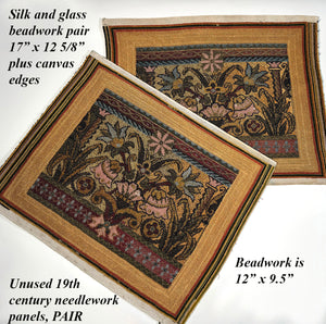 Pair of Unused 19th Century French Glass Beadwork, Silk Needlepoint Panels to Make Pillows
