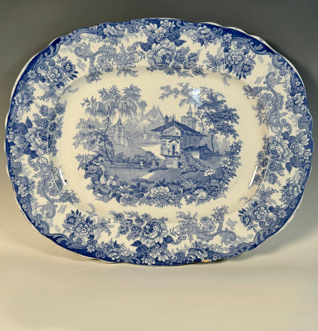 Fine Antique Victorian English Staffordshire Blue Transferware 15.75" Platter, Ironstone, Genevese Pattern China